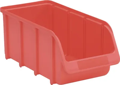 A red plastic storage bin is shown from a slightly elevated side angle against a white background.
