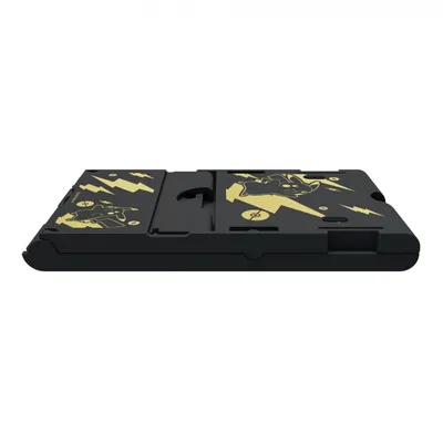 A black Nintendo Switch PlayStand with gold Pikachu graphics, shown from the side.