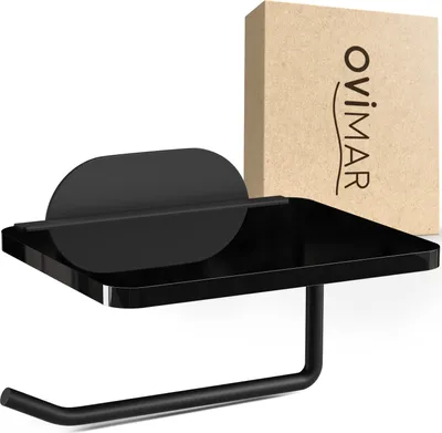 Produktbild von ovimar Toilettenpapierhalter Remoya mit Glasablage ohne Bohren schwarz | Klopapierhalter selbstklebend schwarz zum Kleben | Klorollenhalter mit Ablage | WC Rollenhalter schwarz matt