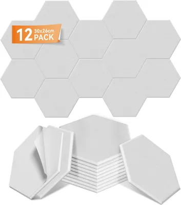 Image de LARS360 Blanc Panneaux acoustiques Set de 12 pièces 30x26cm Hexagon, Panneaux muraux insonorisants, isolation acoustique, absorbeur de son pour studio Home Gaming