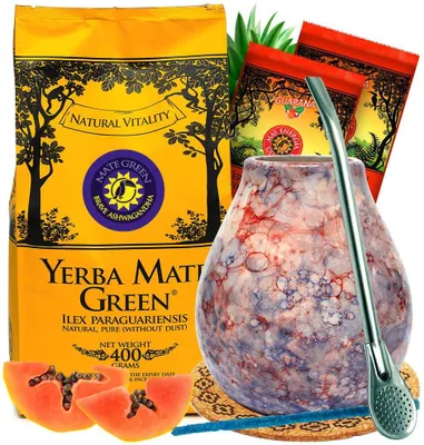 Produktbild von Mate Green Yerba Mate-Tee Set 500g mit Keramik Tasse - Mate Green Brave Ashwagandha 400g, Mate Green Mas Energia Guarana 2x50g - Mate becher, Bombilla