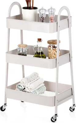 Produktbild von Beiges 3-stöckiges Metallregal auf Rädern 44x31,5x78,5 cm