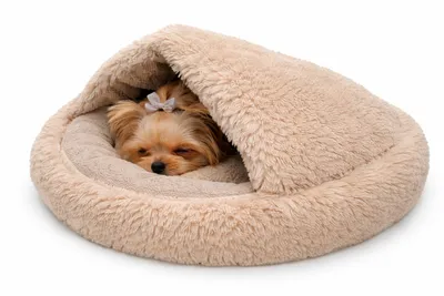 Produktbild von ODOL-PLUSZ Rundes Hundebett und Katzenbett 60cm, Beige, Shaggy Bouclé, Schlafsack-Design, Warmes Höhlenbett, Rutschfester Boden, Maschinenwaschbar