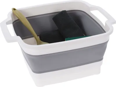 Produktbild von Spetebo Camping Spülset 10L, faltbar & tragbar, Maße (aufgefaltet ca. 38,5x32x18 cm / zusammengefaltet ca. 38,5x32x7 cm), 6-teilig inkl. Spülbürste, 2 Mikrofasertücher, 2 Schwämme, mit Ablassschraube, Kunststoff/Silikon, weiß/grau: Camping, Ausflug, Festival, Picknick, Faltschüssel, Waschbecken, Korb