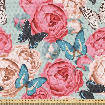 Produktbild von ABAKUHAUS Schmetterling Gewebe als Meterware, Pfingstrose Rosen Schmetterling Romantischer Grafischer Druck Retro Art Druck, 2 M (148 x 200 cm), Mehrfarbig