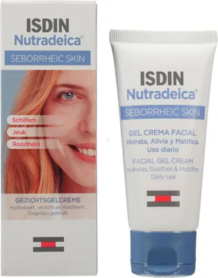 A product box and tube for ISDIN Nutradeica Seborrheic Skin facial gel cream.
