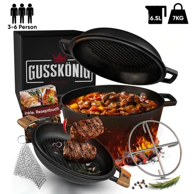 Image de GUSSKÖNIG Dutch Oven - 2in1 Marmite en fonte calcinée 4,8L & Poêle en fonte 1,8L - Set Dutch Oven avec cocotte double fonction - livre de cuisine & accessoires inclus