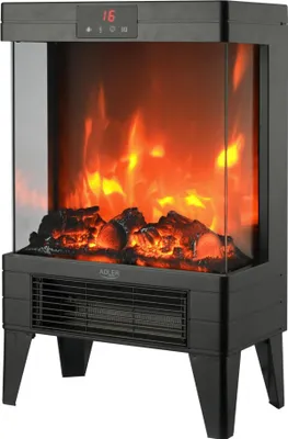 A black electric fireplace with a realistic flame effect.