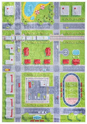 Obrázek produktu pro Mazovia Koberec Dětský Ulice Zelený 120x170 cm Krátký Vlas, Snadno se Čistí, Koberec na Hraní do Dětského Pokoje