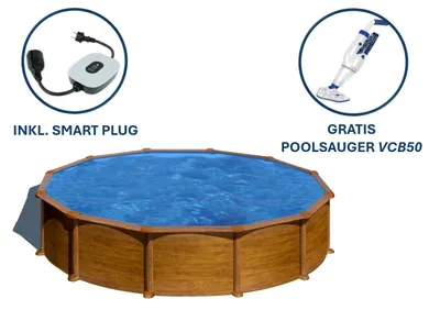 Produktbild von GRE Runder Stahlwandpool mit Holzoptik Ø 550 x 132 cm, Serie Mauritius + Smart Plug + GRATIS Elektrischer Poolreiniger ELECTRIC VAC PLUS