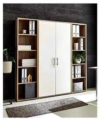 Produktbild von Abschließbare Regalwand Aktenschrank Büroschrank Schrankwand Büromöbel in Eiche Sonoma/weiß (Set 3 hoch)