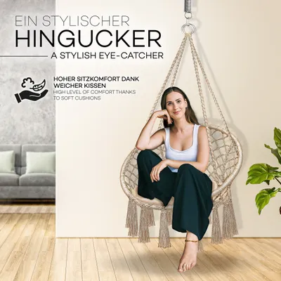 Produktbild von tillvex Hängesessel Beige, wetterfest und bequem, mit Kissen, 200kg Belastbarkeit, Indoor & Outdoor Garten Balkon Terrasse geeignet, Maße 77x142cm (BxH), Sitz Ø61cm, Außenring Ø82cm, Korb 60% Baumwolle 40% Polyester, Gestell pulverbeschichteter Stahl, modern mit Zierquasten