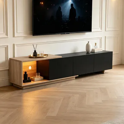 Produktbild von INONEFT Ausziehbarer TV-Schrank mit LED und 3 Schubladen und offenem Fächern, für Fernseher bis 65 Zoll, TV-Lowboard , TV-Board, 240x38x44cm, schwarz