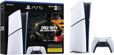A PlayStation 5 console and its packaging are displayed together. The packaging shows the "Call of Duty: Black Ops 6" game cover and the PS5 console itself is shown next to it, along with a controller.