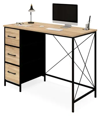 Produktbild von Schreibtisch mit 3 Schubladen aus Stoff in Holz und Schwarz im Industriedesign