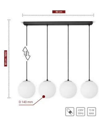 A diagram showing a four-bulb pendant light with dimensions and technical specifications.
