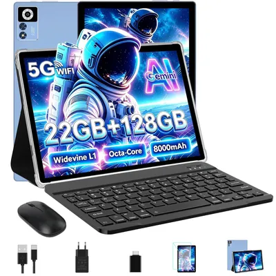 Produktbild von Android Tablet 10 Zoll Gemini AI mit 22GB RAM+128GB ROM TF 2TB 5G WiFi Octa-Core 2GHz Widevine L1 8000mAh BT 5 5MP+8MP GPS Tablet mit Tastatur Maus Blau