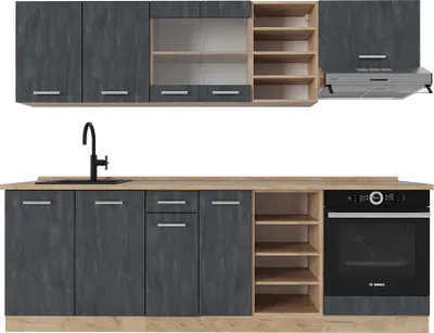 Produktbild von Küchenzeile Vicco R-Line Schwarz Beton/Goldkraft Eiche 240 cm AP Eiche, Model 47382