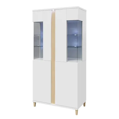 Obrázok produktu pre Vysoká vitrína s LED osvetlením BANTRY 2 - biela / lesklá biela / prírodná dyha