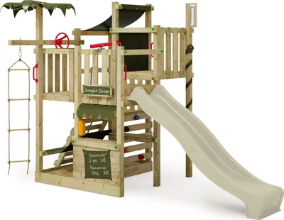 Image de FATMOOSE Tour de jeu CrazyCoconut avec toboggan, jeu de jardin avec échelle & accessoires de jeu - vert sauge / vert olive