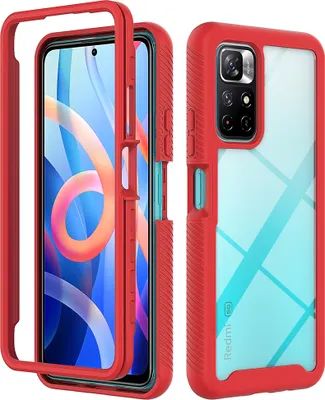 Produktbild von Xiaomi Poco M4 Pro 5G Hülle, Hybrid Transparente Rückseite Robust TPU Bumper Rutschfest Stoßfest Ganzkörper Schutzhülle für Xiaomi Poco M4 Pro 5G Rot