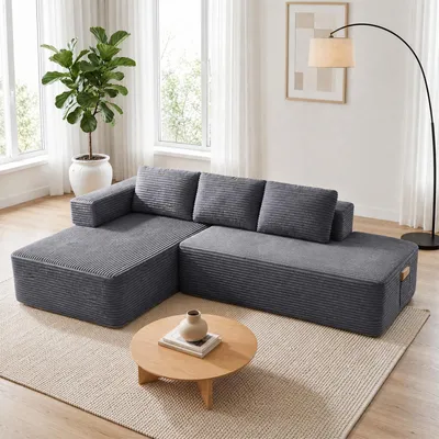Productafbeelding van COMHOMA Hoekbank met slaapfunctie, 255 cm, corduroy, modulaire bank zonder poten, met chaise longue en metalen rugframe, L-vormige slaapbank met open