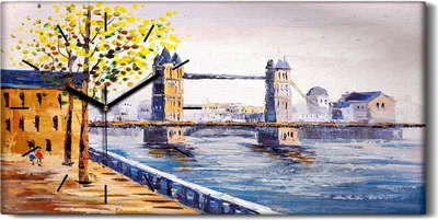 Produktbild von Wandbild Leinwand Bilder mit Uhr 60x30 Malerei Abstrakte Stadt Gebäude Brücke - schwarze Hände