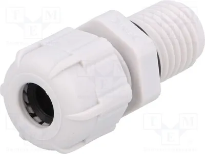 A white plastic cable gland with a threaded end and a locking nut.