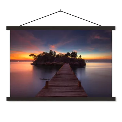 Produktbild von MuchoWow® Textilposter Sonnenuntergang - Brücke - Bäume - Wasser - Insel 120x80 cm mit schwarzem Rahmen - Wanddeko