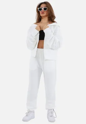 Produktbild von Zweiteiler Damen Trainingsanzug Jogginganzug Set mit Reißverschluss L Weiß