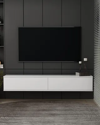 Produktbild von Skye Decor, Hochwertiger TV-Ständer, 120 x 25,8 x 29,6 cm, 100% melaminbeschichtete Spanplatte, 18 mm dick, Wandmontage möglich, modernes Design in Weiß, ideal für Ihr Zuhause.