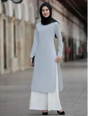 Produktbild von Abendkleid Zweiteilges Outfit Tunika & Hose Lang Hijab Hellgrau 46 Tesettür S-949