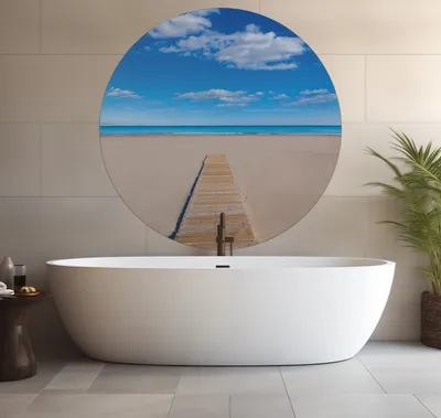 Produktbild von Wallario wasserfestes Poster selbstklebend 120 x 120 cm, Auf dem Holzweg zum blauen Meer, Badezimmerposter Spritzschutz mit Hochglanzoberfläche in Glasoptik