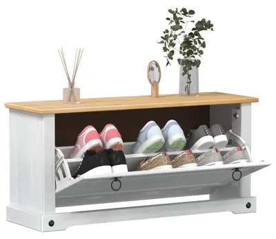 Produktbild von Monderne Schuhschrank Corona Weiß 99x32x49cm Massives Kiefernholz - Schuhregale DE6993