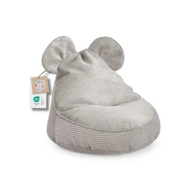 A light gray, striped beanbag chair shaped like an elephant with attached ears, with tags hanging from one ear.
