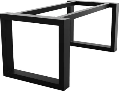 A black metal table leg frame with a trapezoidal shape, shown from a diagonal angle against a white background.