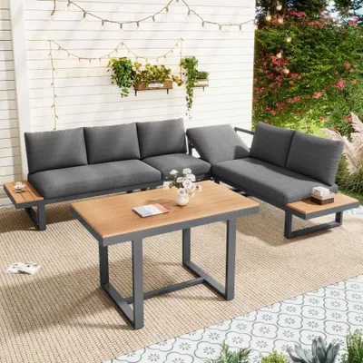 Produktbild von Moderne Garten-Essgruppe, verstellbar in 5 Stufen, robustes Stahlgestell, wetterfest, Kunststoff-Holz, inkl. Esstisch, Farbe Grau/Schwarz, Neigung bis 55°