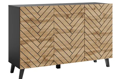 A 3-door standing sideboard with a herringbone wood pattern on the doors and a black frame and legs, shown against a white background.