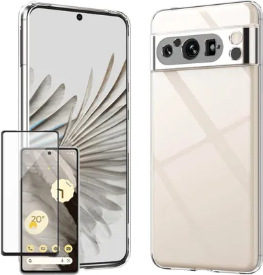 A collage showing a clear phone case and screen protector for a Google Pixel 8 Pro.