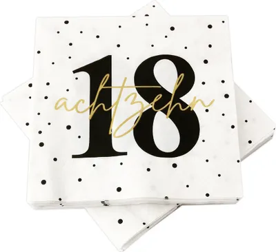 Produktbild von 20 Servietten zum 18. Geburtstag 33 x 33 cm - weiß schwarz gold