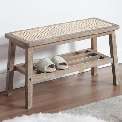 Immagine prodotto di Panca porta scarpe con seduta, 2 ripiani, legno e rattan, 75x30x44 cm
