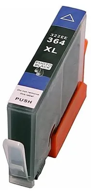 A black ink cartridge with a blue label and orange holder, isolated on a white background.
