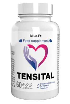 A white bottle of Tensital food supplement capsules.