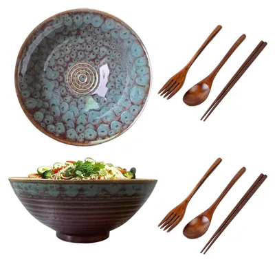 Zdjęcie produktu dla Zestaw 2 ręcznie wykonanych misek do ramen z sztućcami