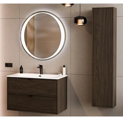 Image de Ensemble Complet Meuble Vasque 80 cm + Vasque + Miroir LED + Colonne - L 80 x P 46 x 51,5 cm - Caldera Foncé