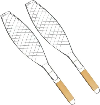 Produktbild von 2er Set Fischbräter | 36 x 15 cm  Fischgriller mit Holzgriff | Fischkorb für Grill | Fischhalter mit Klammer | Fisch-Grillzange für Gemüse, Garnelen | faltbare Fischzange | Grillzubehör - Fischgrill