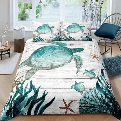 Productafbeelding van Kinderbeddengoed met zeeschildpadmotief, 4-delig, 135x200 cm, microvezel, 2 kussenslopen van 80x80 cm