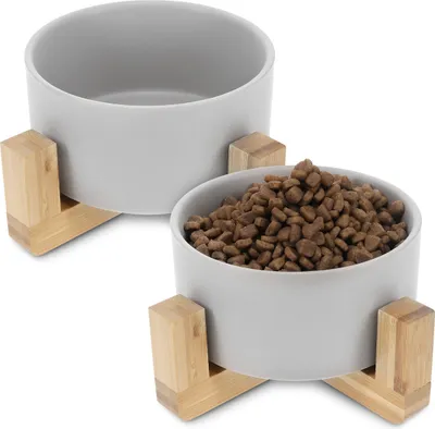 Produktbild von Navaris 2x Futternapf Katze mit Bambus Halter - Futterstation 2x Keramiknapf fr Katzen Hunde - Keramik Fressnapf Set Futterbar mit Holz Halterung