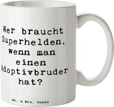 Produktbild von Mr. & Mrs. Panda Kaffeebecher Spruch Held Adoptivbruder - Weiß - Geschenk, Freude, Teetasse, Adoption, Familienmitglieder, Helden, Familienverbindung, Geschwisterliebe
