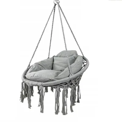 Obrázok produktu pre Závesné kreslo BLISS s vankúšmi, závesné kreslo v štýle boho, svetlosivé, nosnosť do 150 kg, bavlnená hojdačka do záhrady, na balkón a do obývačky, makramé dizajn